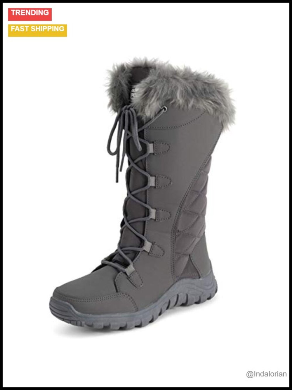 Quilted Faux Fur Cuff Snow Boots Lace Up Winter Rain Outdoor